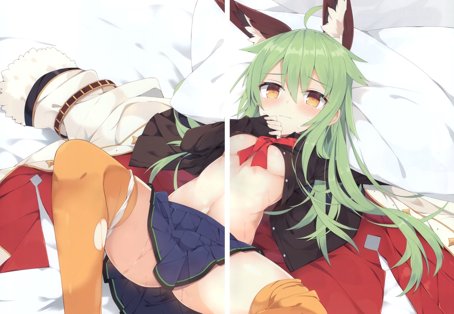 animal_ears gap nibiiro_shizuka no_bra open_shirt pantsu panty_pull thighhighs torn_clothes