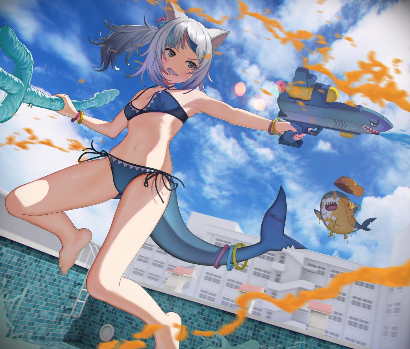 animal_ears bikini gawr_gura gun hololive hololive_english nekomimi swimsuits tail weapon yukinashi