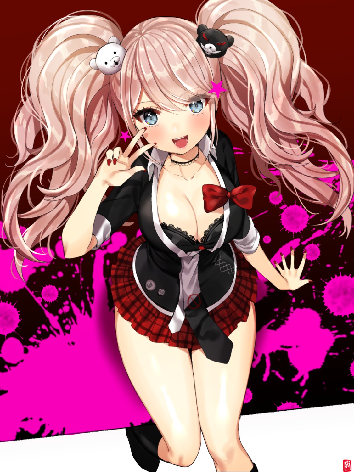 bra cleavage dangan-ronpa enoshima_junko gabe_(seelunto) open_shirt seifuku