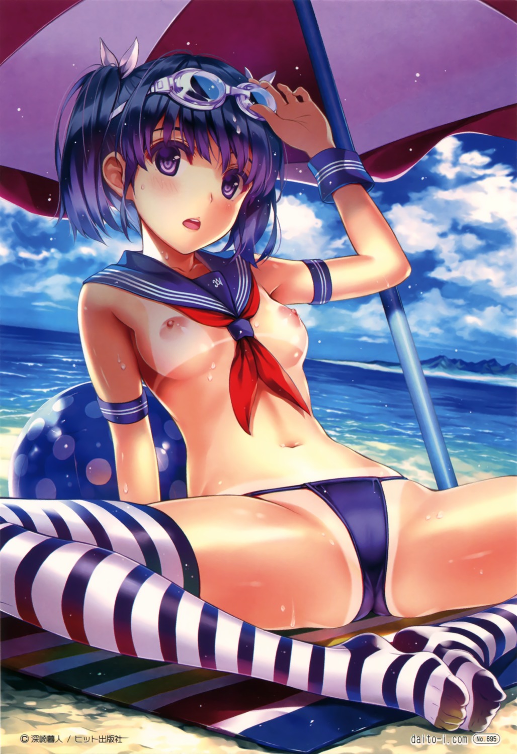 bikini comic_aun misaki_kurehito nanami_negi nipples no_bra swimsuits tan_lines thighhighs