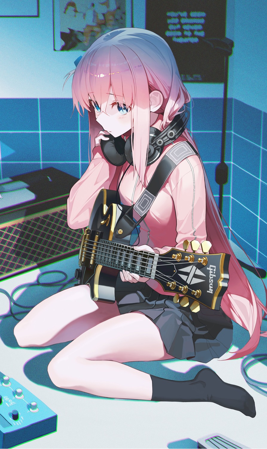bocchi_the_rock! gotou_hitori guitar gym_uniform headphones pro-p seifuku