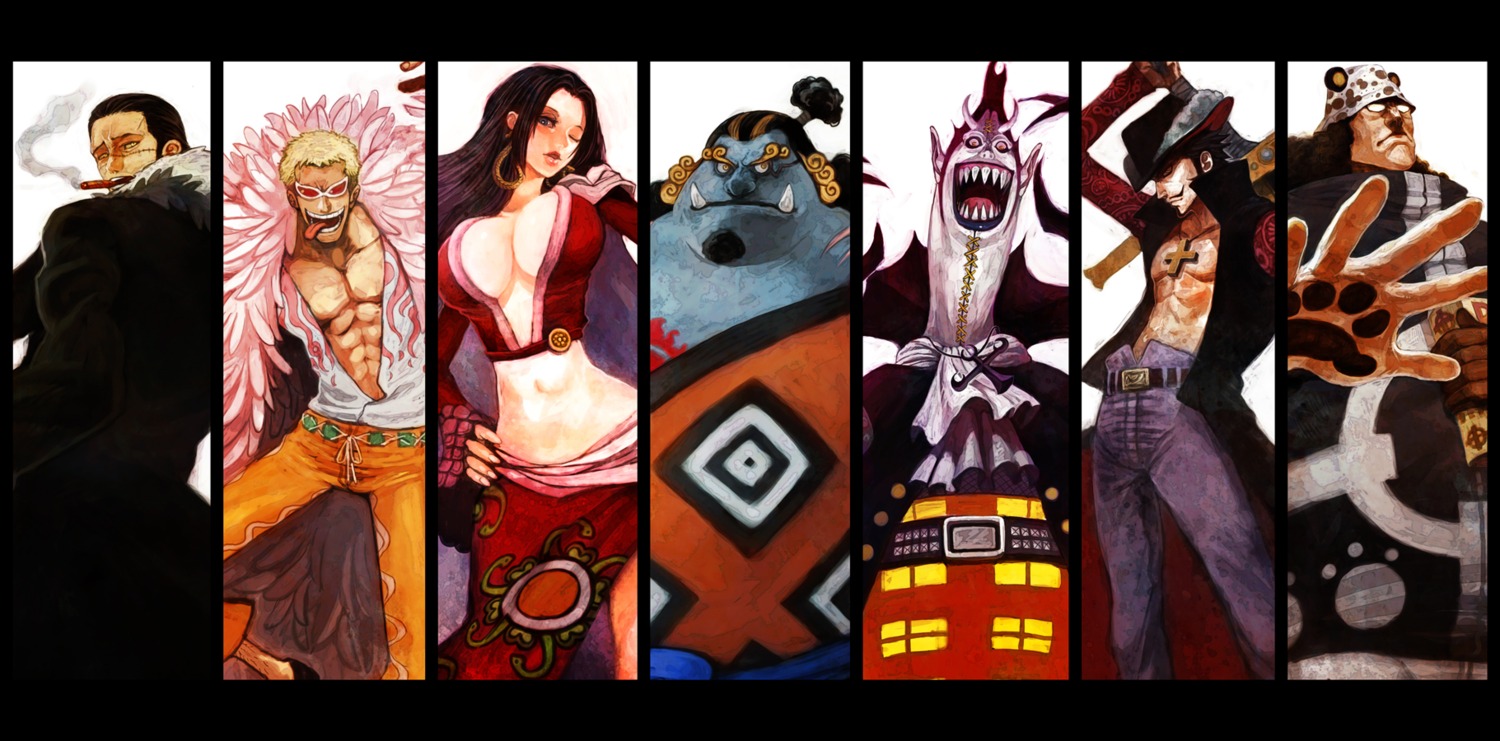 bartholomew_kuma boa_hancock cleavage crocodile donquixote_doflamingo dracule_mihawk gecko_moria jinbei lack one_piece