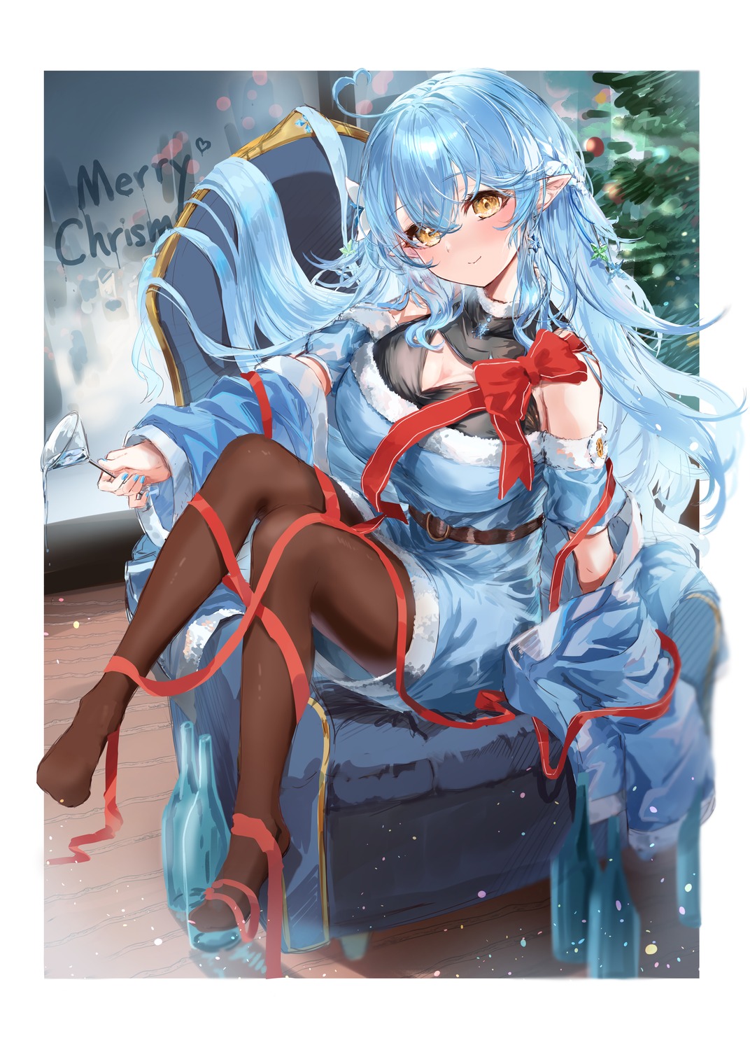 christmas cleavage dentaku_music dress elf hololive pantyhose pointy_ears yukihana_lamy