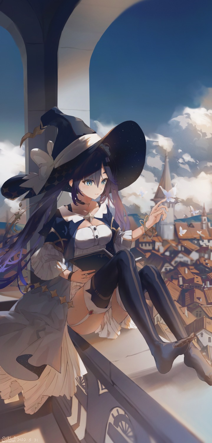 cleavage feet genshin_impact mona_megistus skirt_lift stockings swkl:d thighhighs witch