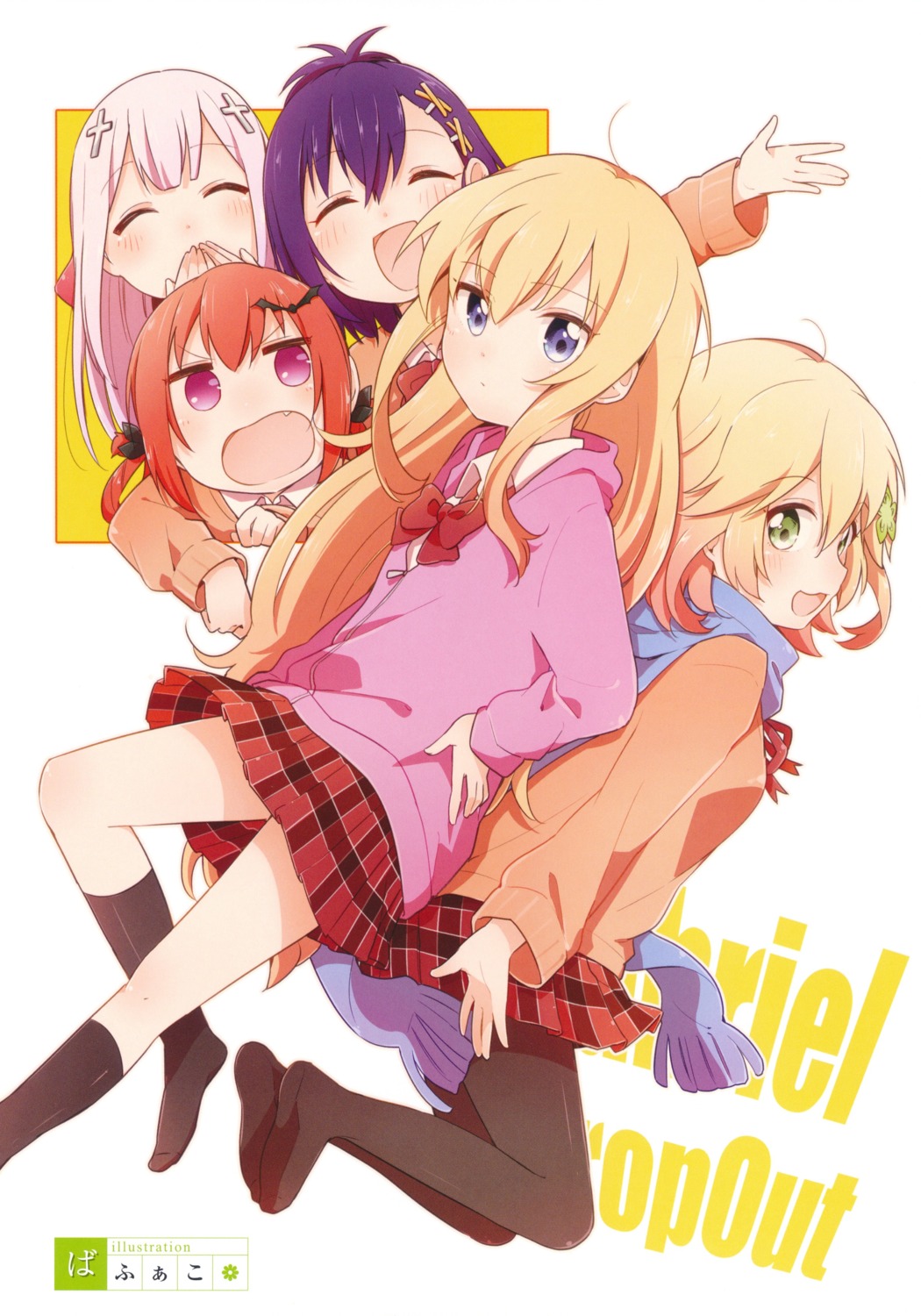 bafarin chibi chisaki_tapris_sugarbell gabriel_dropout kurumizawa_satanichia_mcdowell pantyhose resort_ukami seifuku shiraha_raphiel_ainsworth sweater tenma_gabriel_white tsukinose_vignette_april