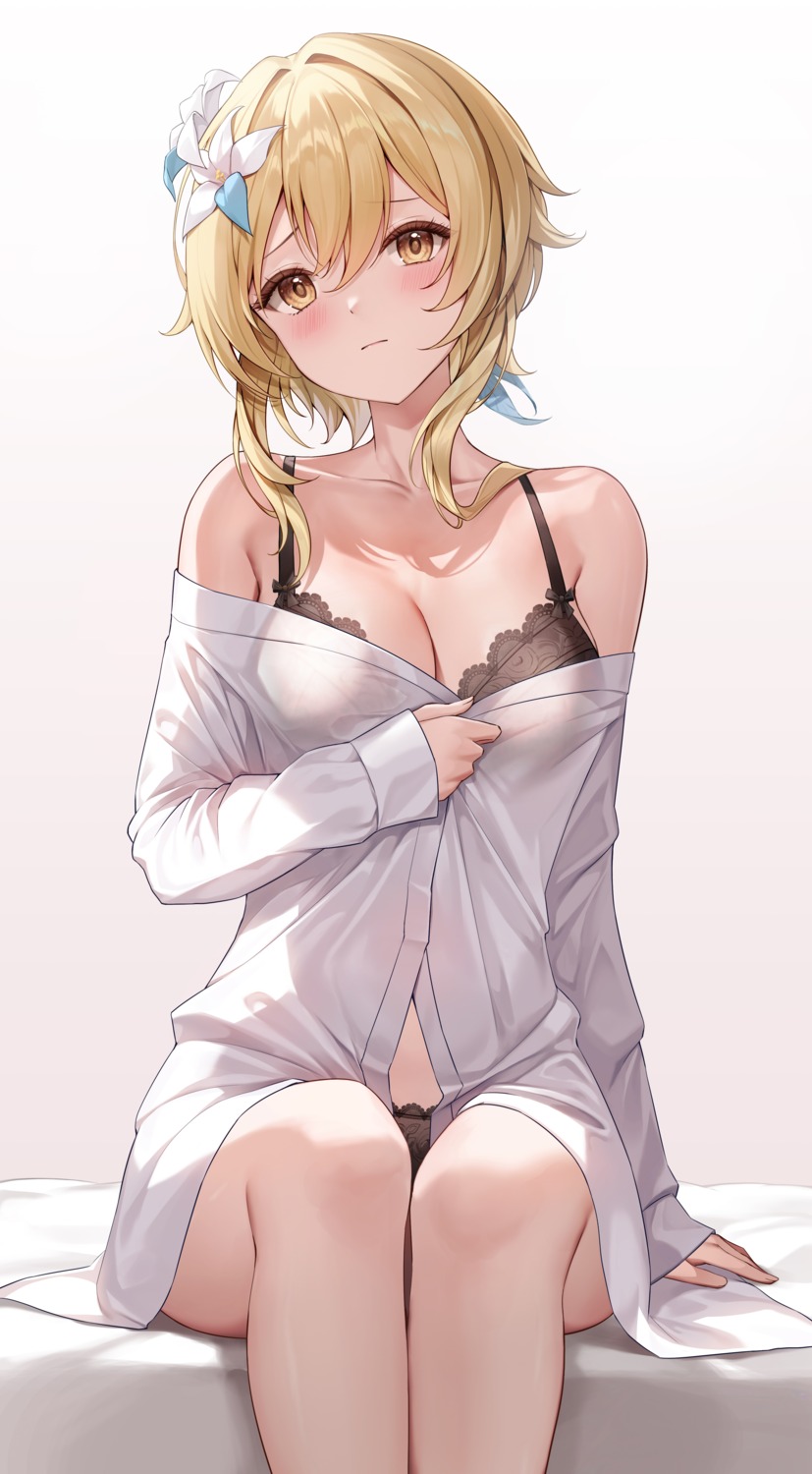 bra dress_shirt genshin_impact lumine lunacle open_shirt pantsu see_through