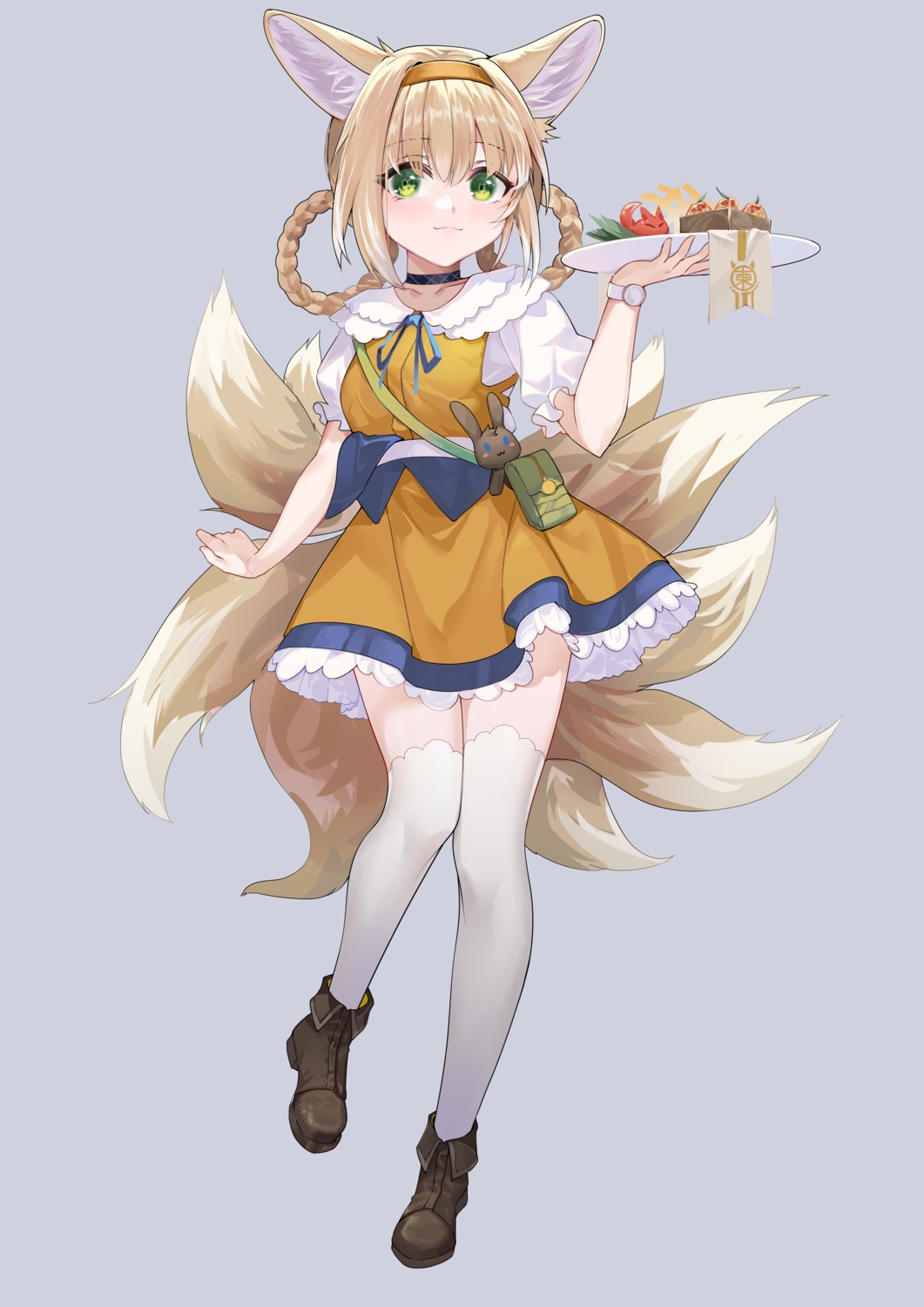 animal_ears arknights hongbaise_raw kitsune maid suzuran_(arknights) tail thighhighs waitress