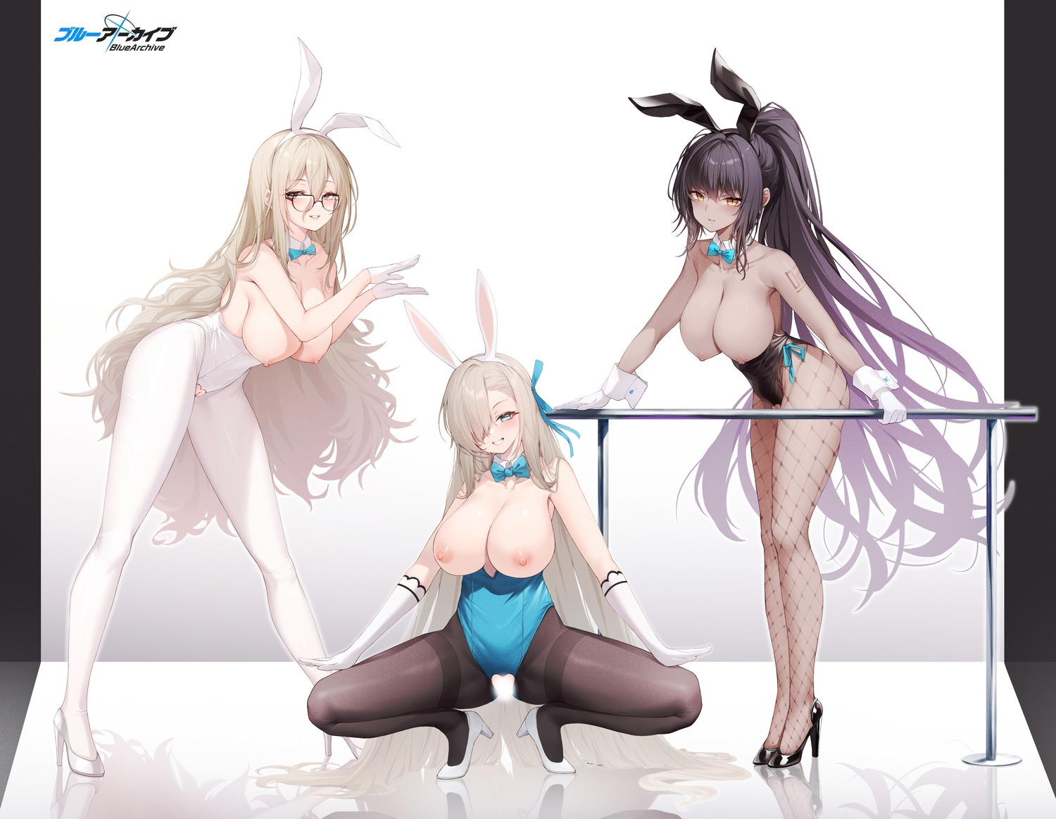 animal_ears blue_archive breasts bunny_ears bunny_girl fishnets heels ichinose_asuna kakudate_karin kanon_12361024 megane murokasa_akane nipples no_bra pantyhose tattoo torn_clothes