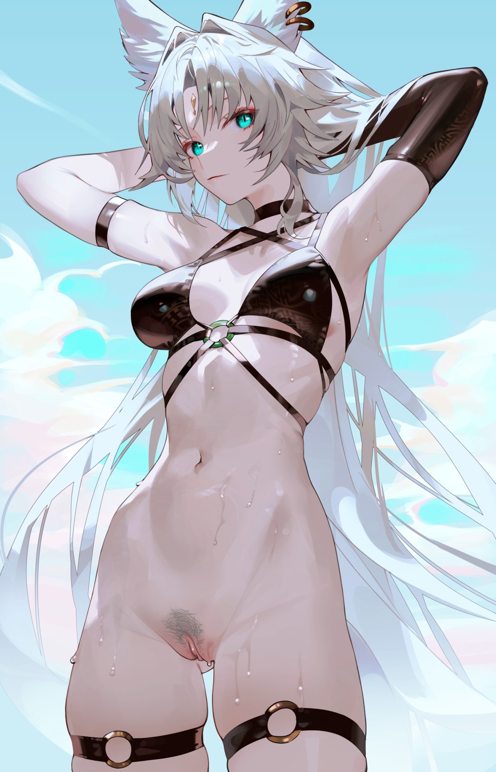 animal_ears bikini_top bottomless garter iumu pubic_hair pussy swimsuits uncensored wet