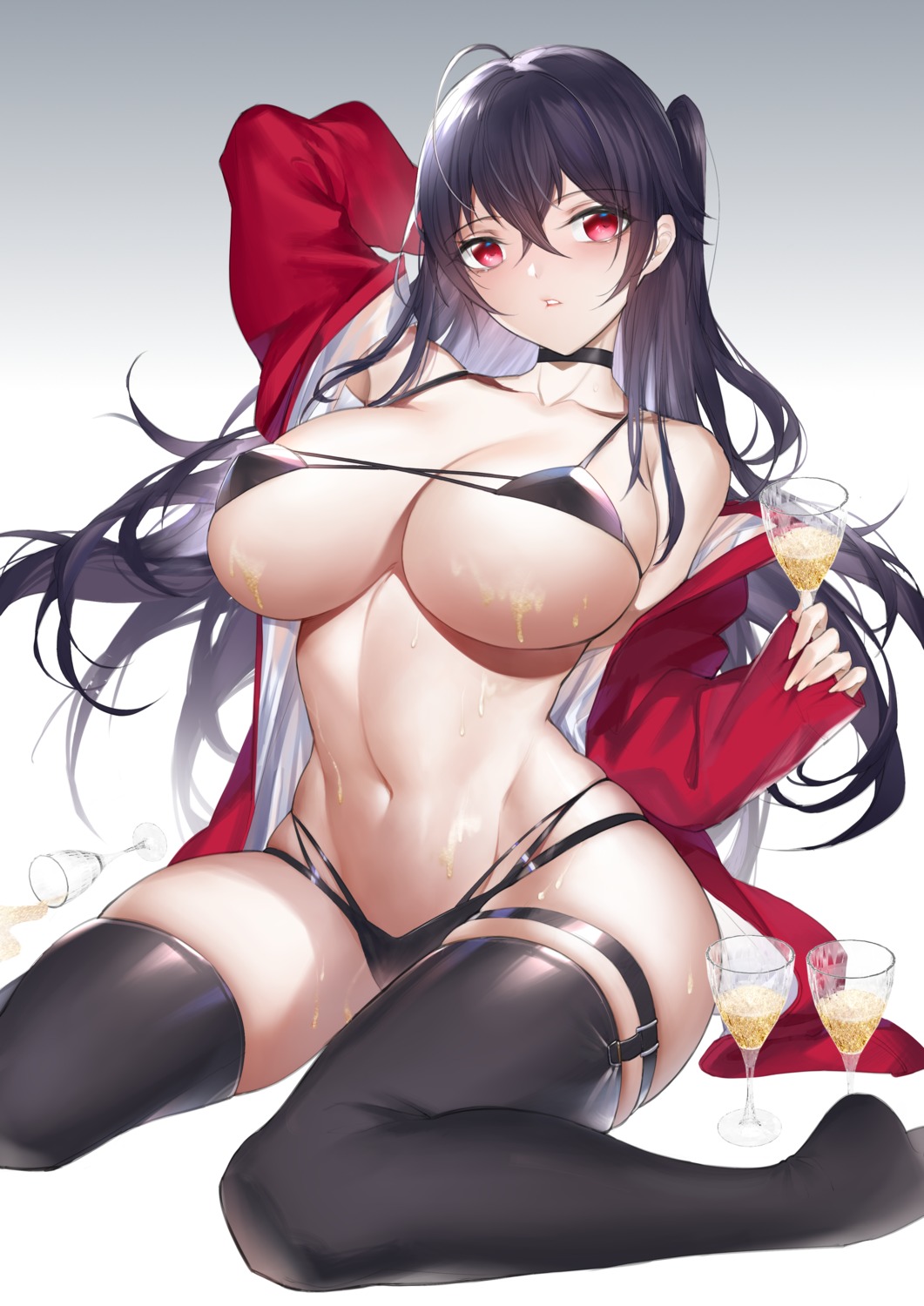 azur_lane bikini erect_nipples garter horz open_shirt stockings swimsuits taihou_(azur_lane) thighhighs