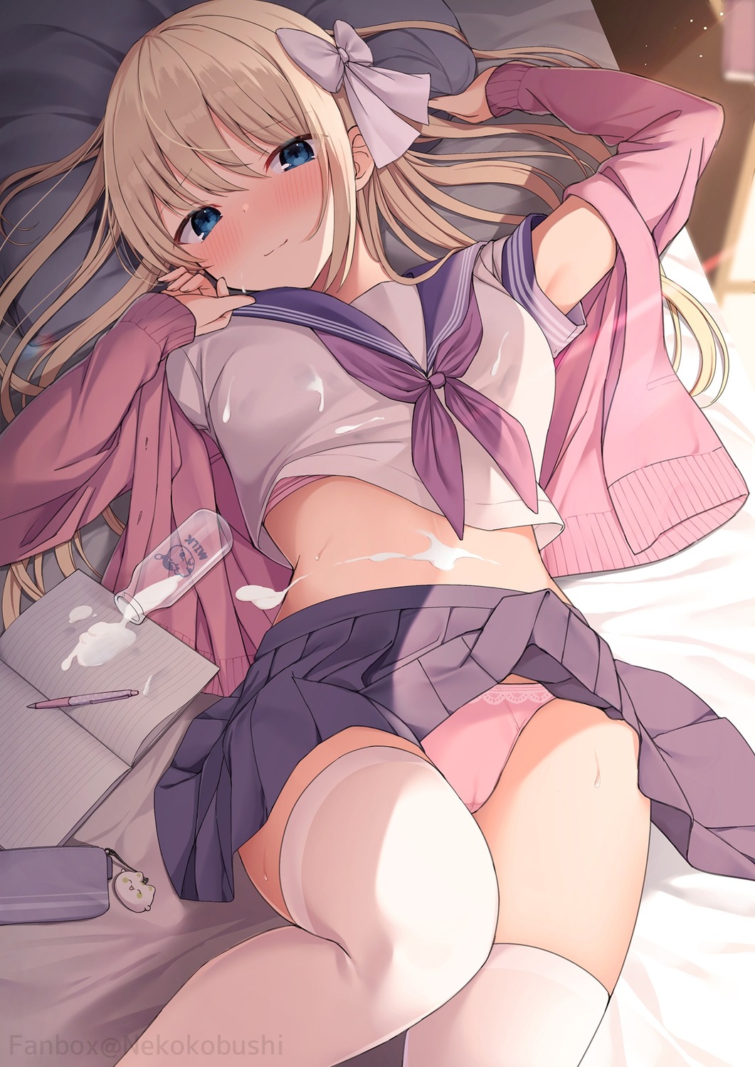 bra cameltoe cream nekokobushi pantsu seifuku shirt_lift skirt_lift sweater thighhighs