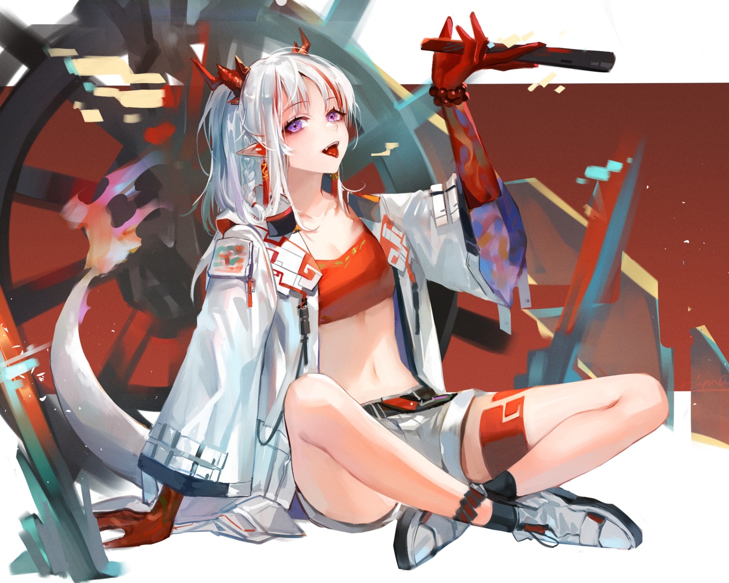 arknights bra horns nian_(arknights) nima_(niru54) open_shirt pointy_ears tail tattoo