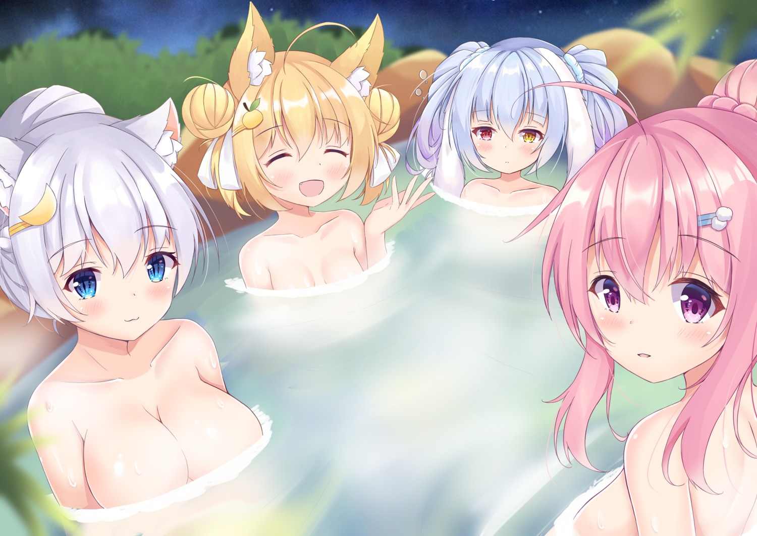 animal_ears bathing heterochromia kurashina_yuzuki nekomimi onsen topless wet