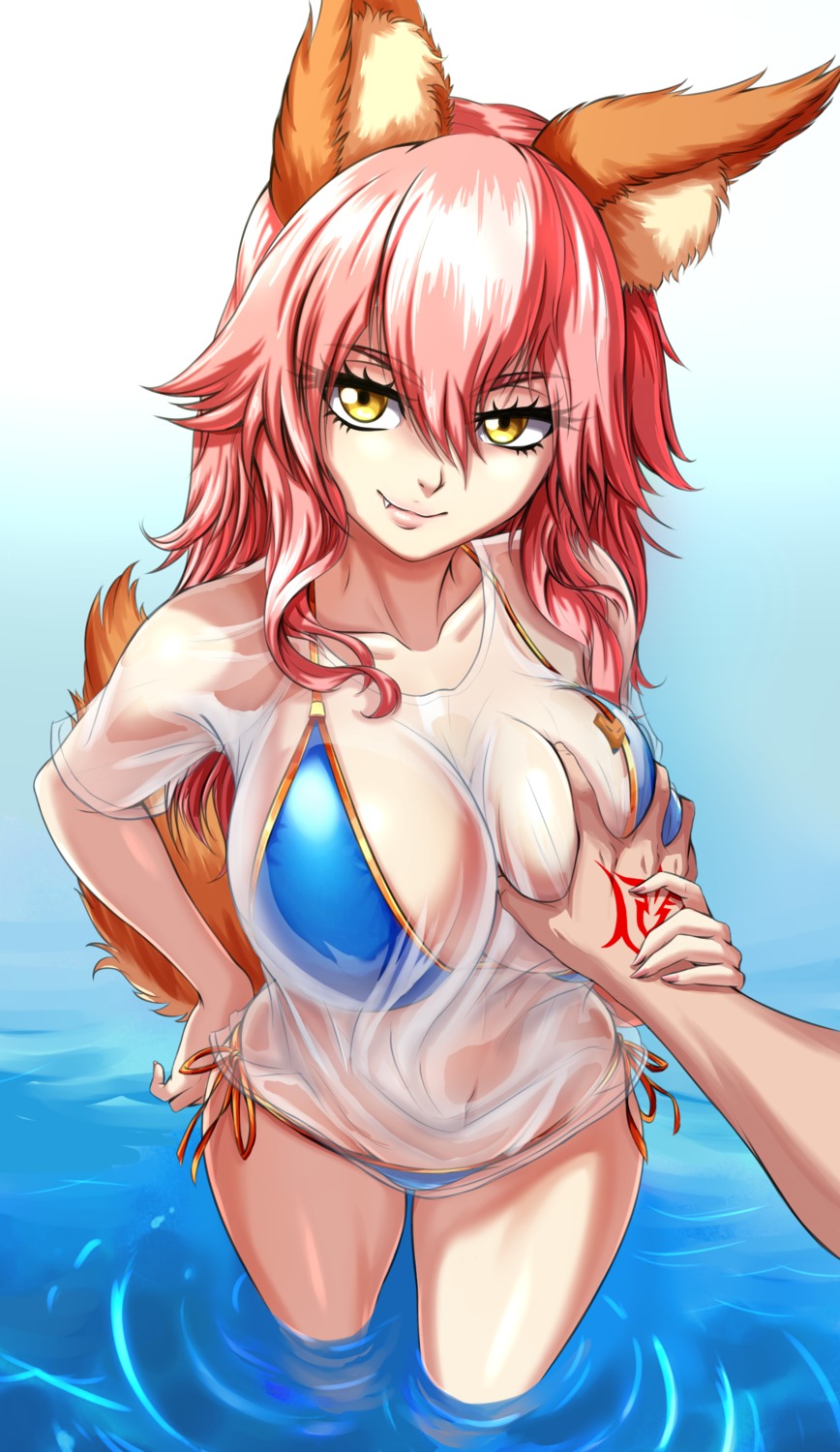 animal_ears bikini breast_grab fate/grand_order kitsune see_through swimsuits tail tamamo_no_mae tattoo wet wet_clothes zantyarz