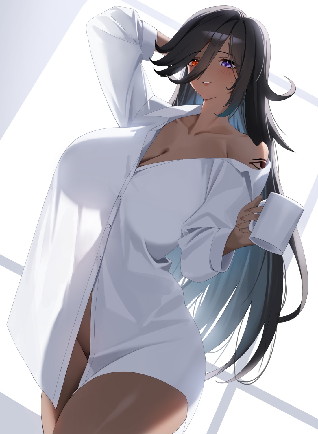 bottomless ddog dress_shirt heterochromia no_bra open_shirt see_through tatakau_ataisuru tattoo zara_moussa