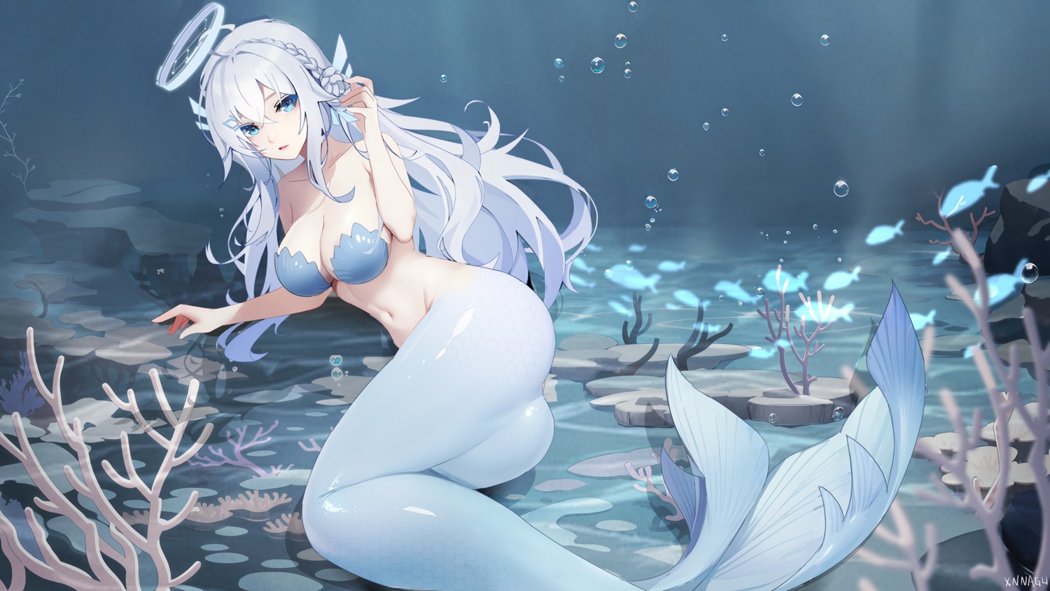 bikini_top halo loslyn_(tower_of_fantasy) mermaid monster_girl swimsuits syngeloussier tail tower_of_fantasy wet