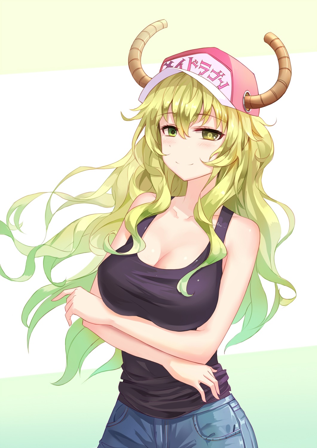 aaeru cleavage heterochromia horns kobayashi-san_chi_no_maid_dragon no_bra quetzalcoatl_(kobayashi-san_chi_no_maid_dragon)