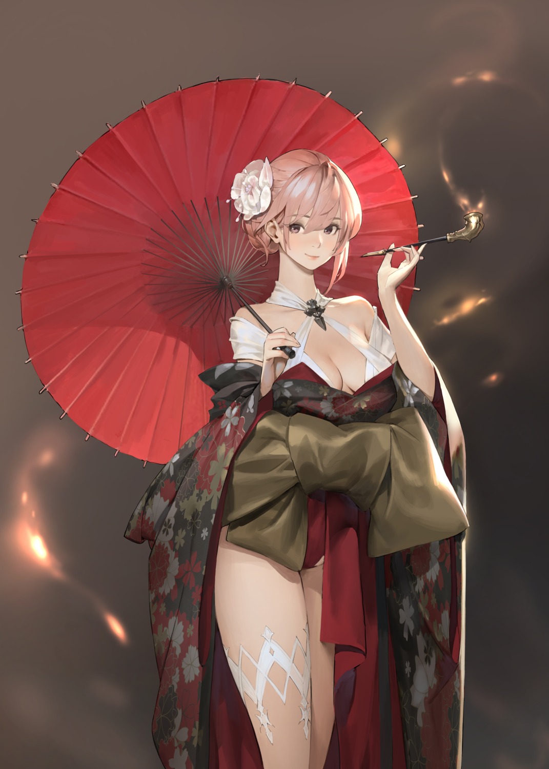 garter japanese_clothes jung_wonjo no_bra umbrella