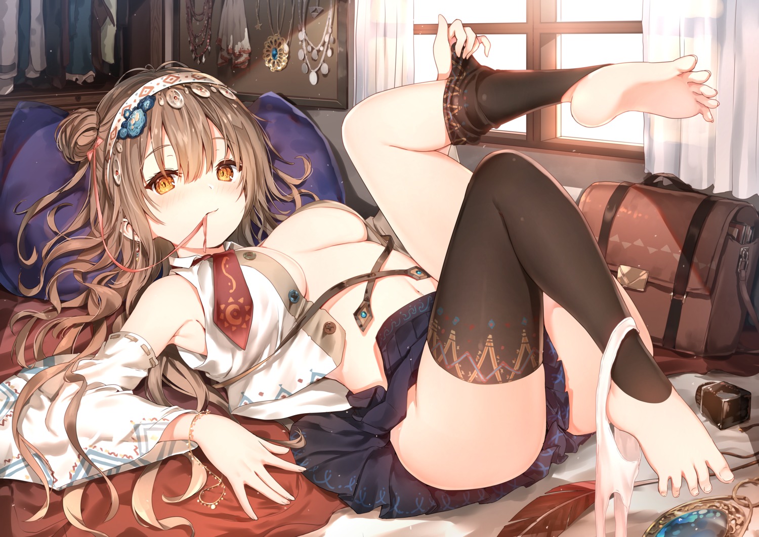 feet no_bra open_shirt pantsu panty_pull seifuku skirt_lift sune_(mugendai) thighhighs undressing