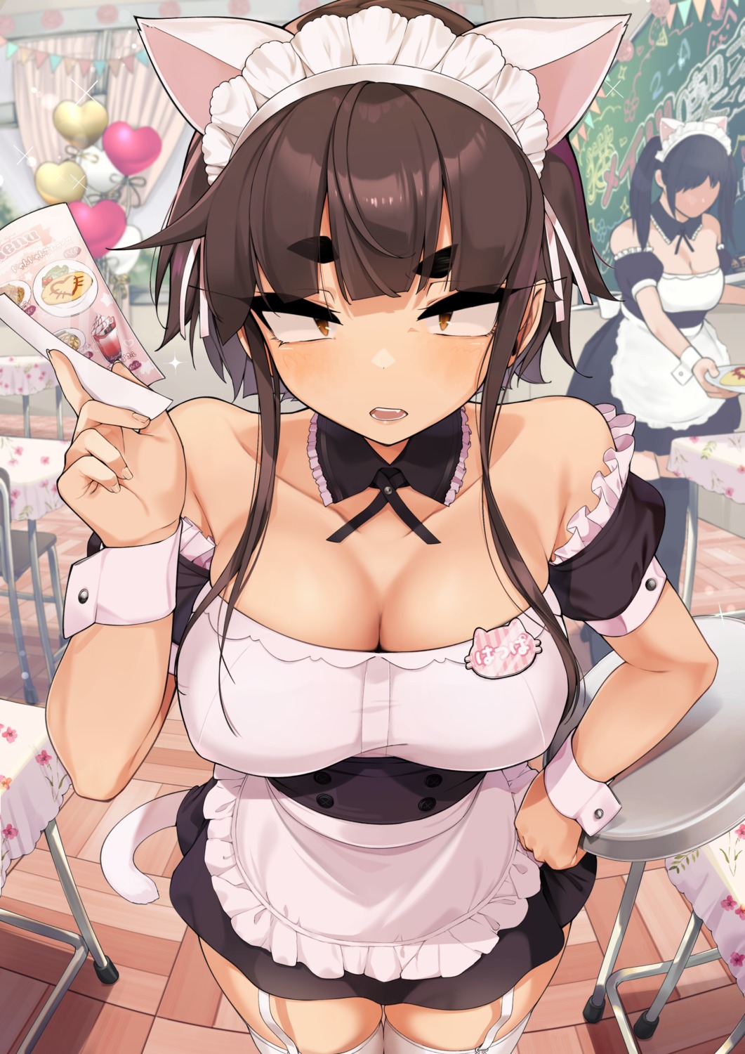 animal_ears cleavage jovejun maid nekomimi no_bra stockings tail thighhighs waitress