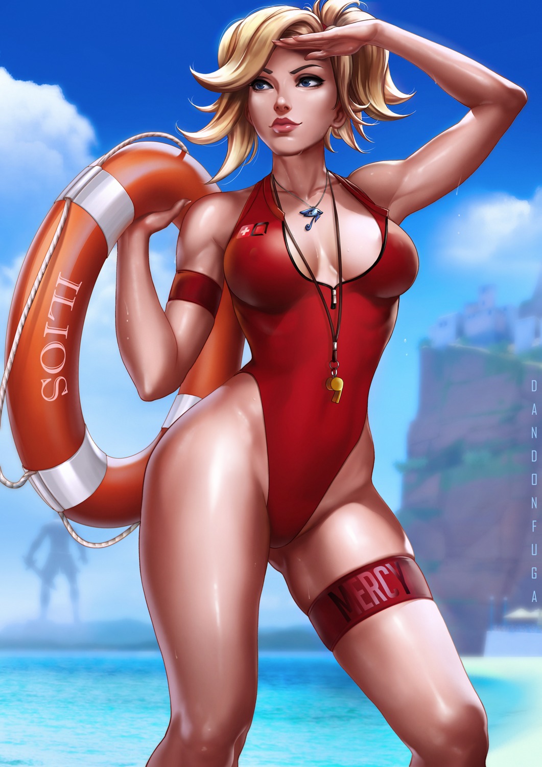 cleavage dandon_fuga garter mercy_(overwatch) overwatch swimsuits wet