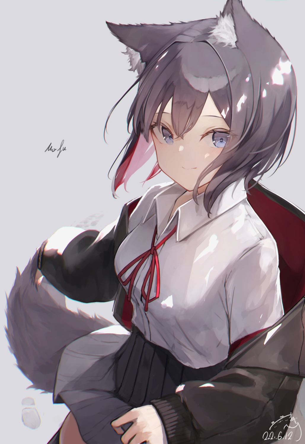 animal_ears mayogii seifuku skirt_lift tail thighhighs