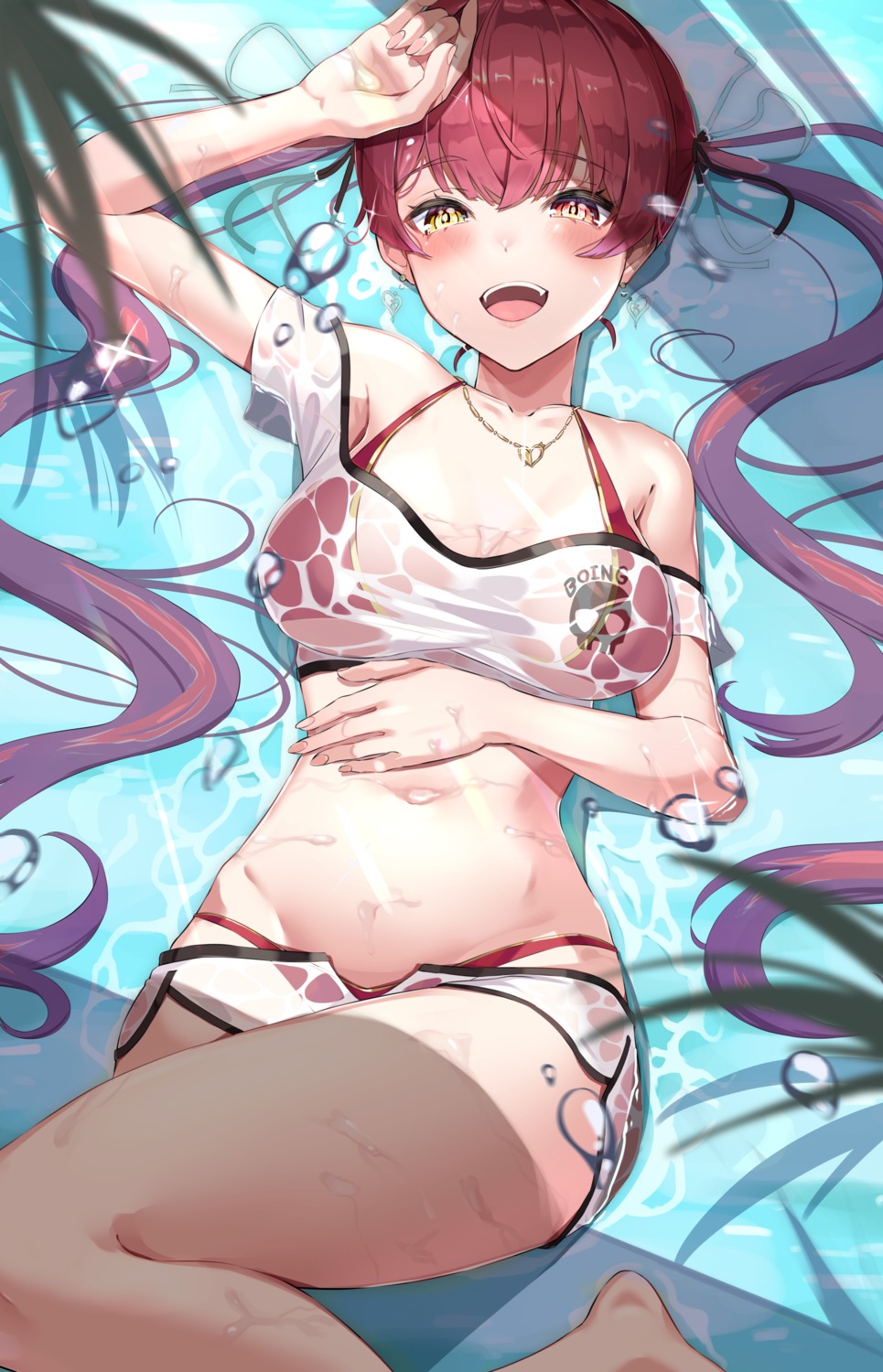 appo_(36786257) bikini heterochromia hololive houshou_marine see_through swimsuits wet wet_clothes