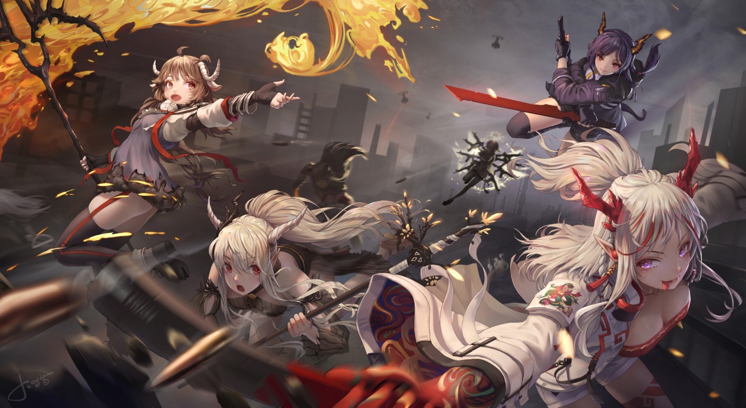 animal_ears arknights ch'en_(arknights) exusiai_(arknights) eyjafjalla_(arknights) heels horns jay_xu lappland_(arknights) nian_(arknights) pointy_ears shining_(arknights) skirt_lift stockings sword texas_(arknights) thighhighs weapon