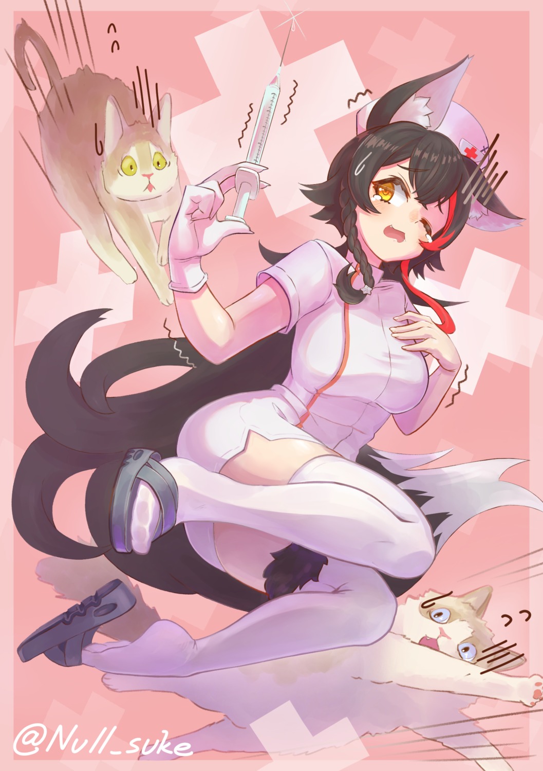 animal_ears hololive hololive_gamers neko null_suke nurse ookami_mio tail thighhighs