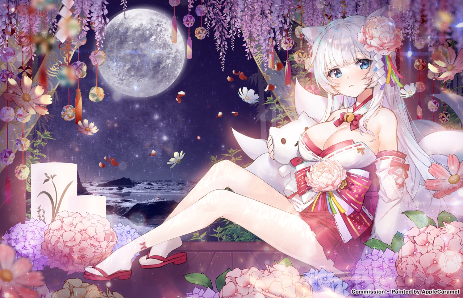 animal_ears apple_caramel japanese_clothes kitsune no_bra skirt_lift tail