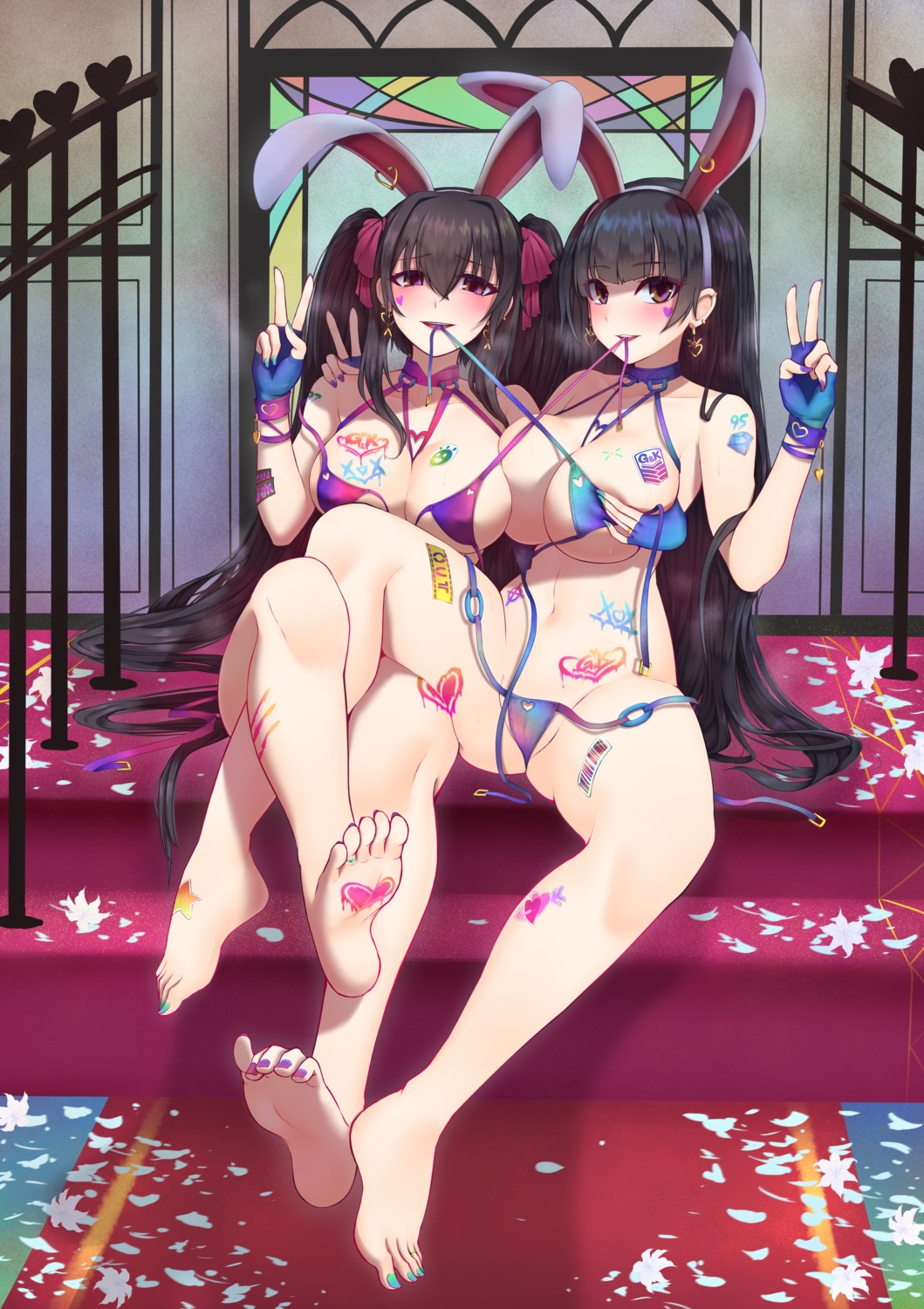 animal_ears bikini breast_hold bunny_ears cameltoe feet girls_frontline popoman qbz-95_(girls_frontline) qbz-97_(girls_frontline) swimsuits tattoo thong undressing