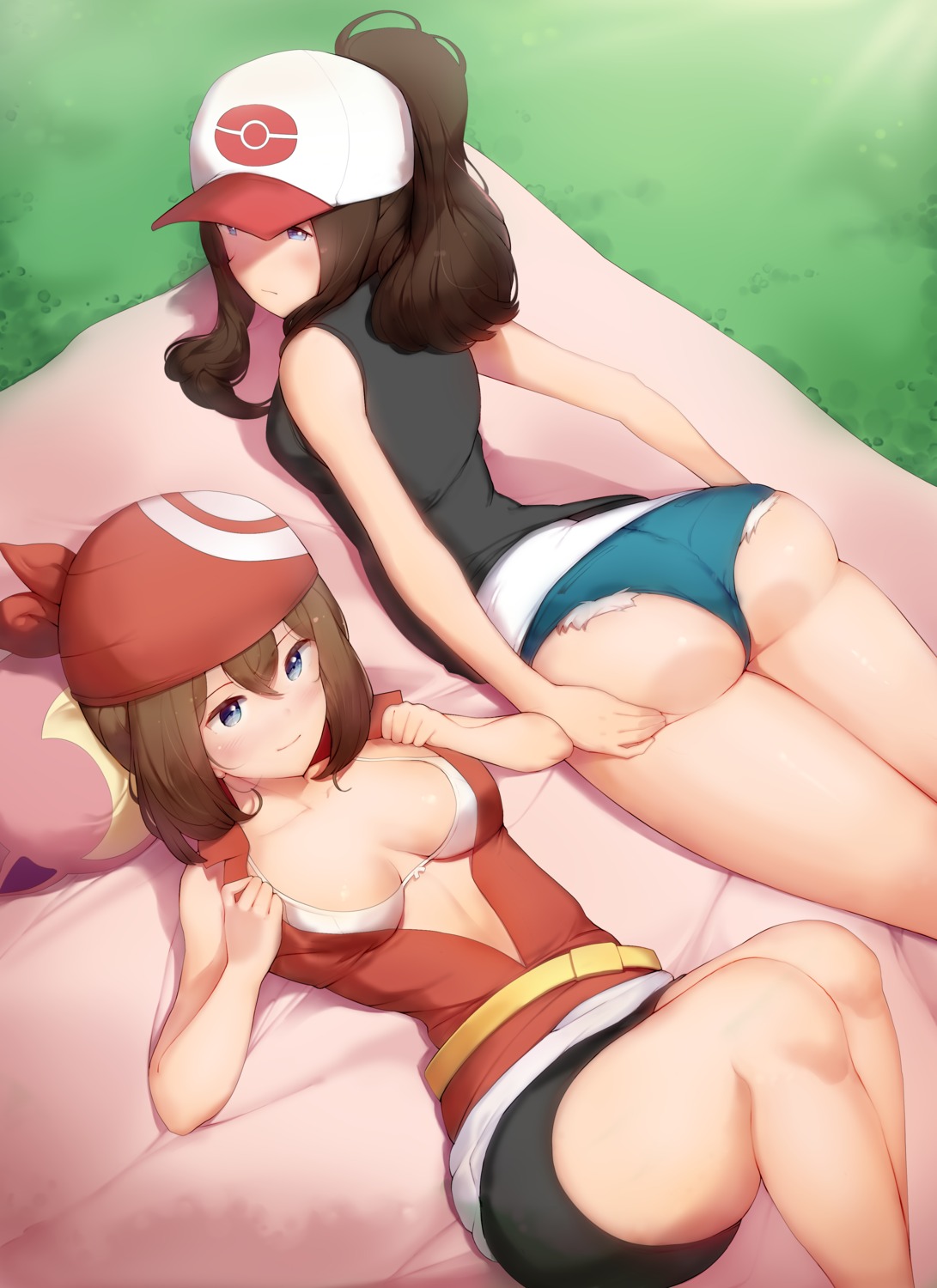 ass ass_grab bra haruka_(pokemon) kimoshi open_shirt pokemon pokemon_black_and_white touko_(pokemon) undressing