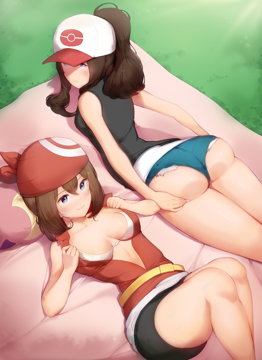 ass ass_grab bra haruka_(pokemon) kimoshi open_shirt pokemon pokemon_bw pokemon_oras pokemon_rse touko_(pokemon) undressing