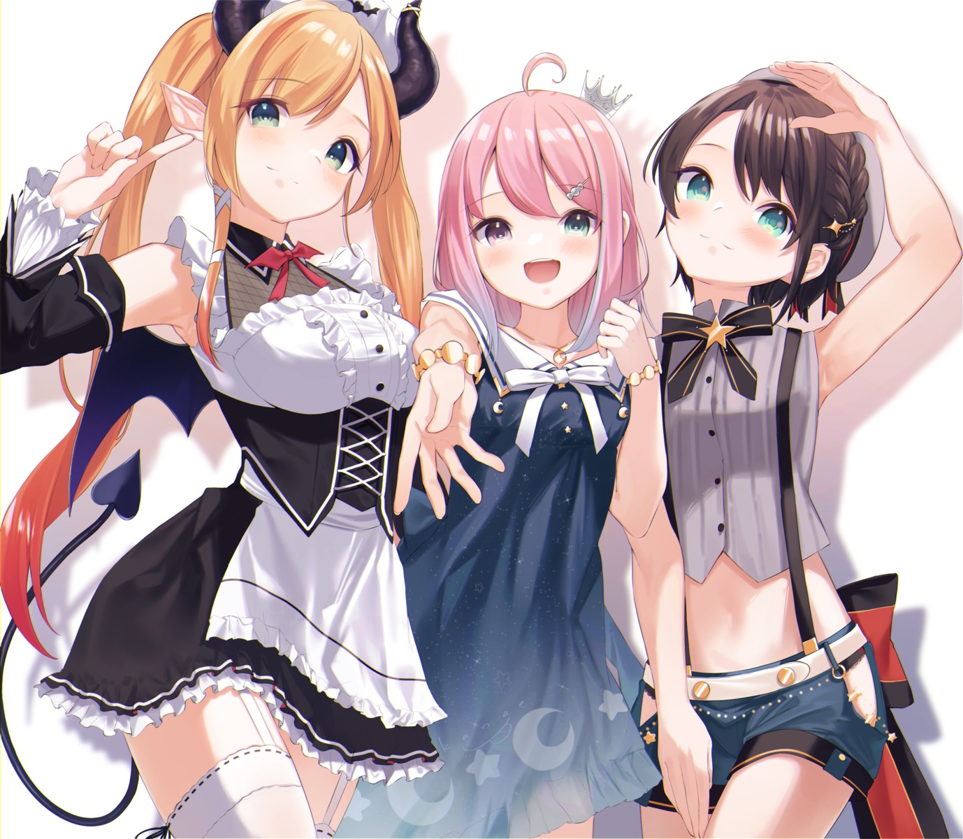 dress fishnets heterochromia himemori_luna hololive horns kanae_(inorin05kanae) maid oozora_subaru pointy_ears see_through stockings tail thighhighs yuzuki_choco