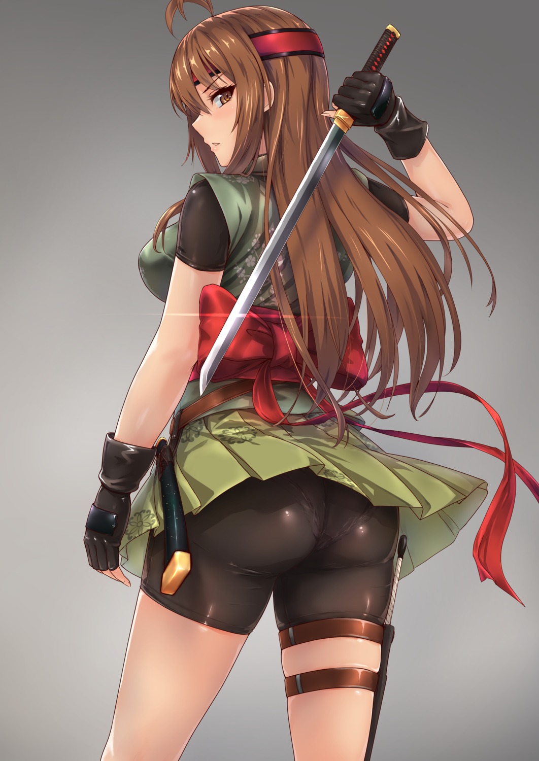 ass bike_shorts garter japanese_clothes ninja pantsu skirt_lift sword tori_(puru0083) weapon