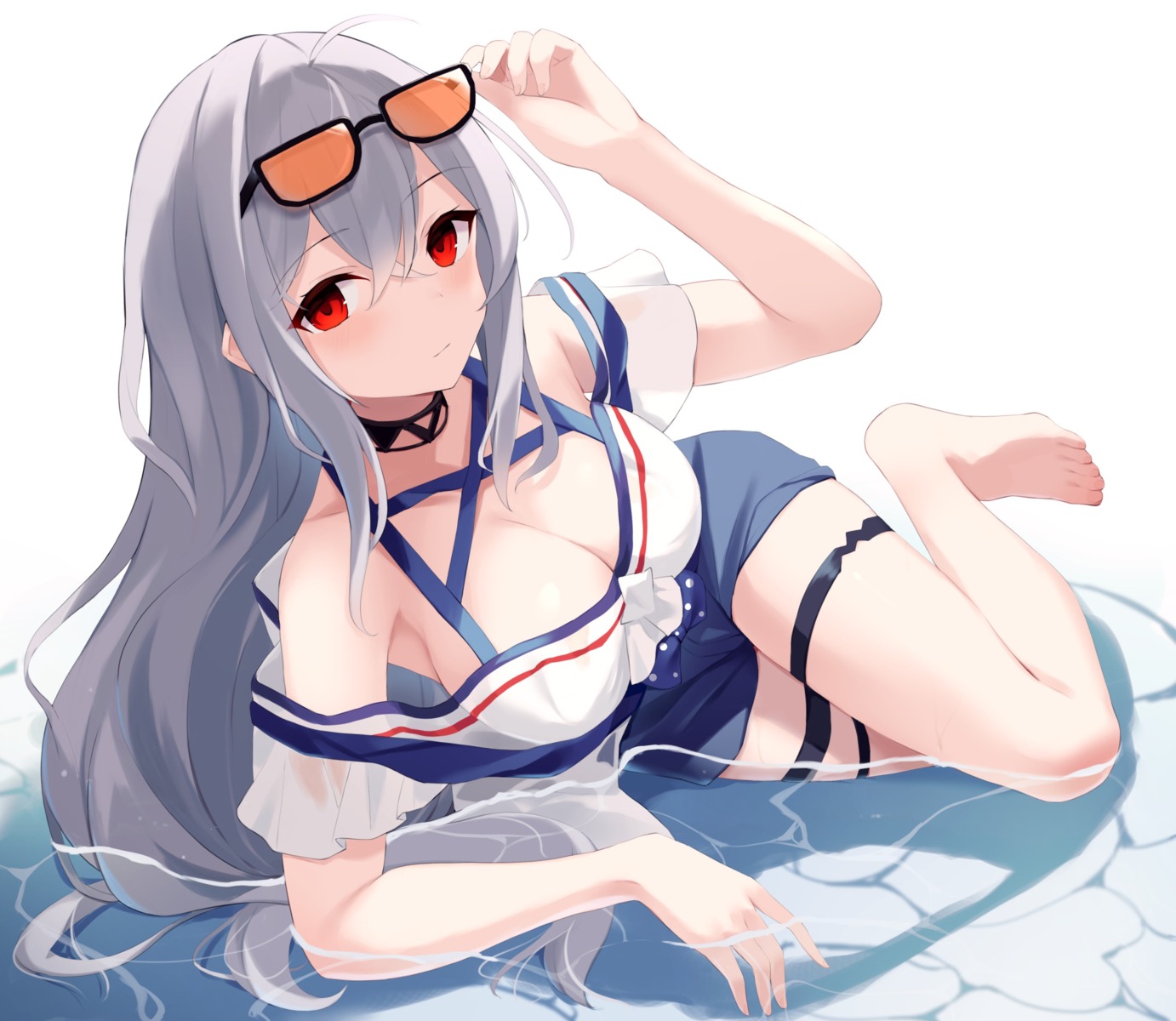 arknights cleavage garter megane mizu_(lzzrwi603) skadi_(arknights) wet