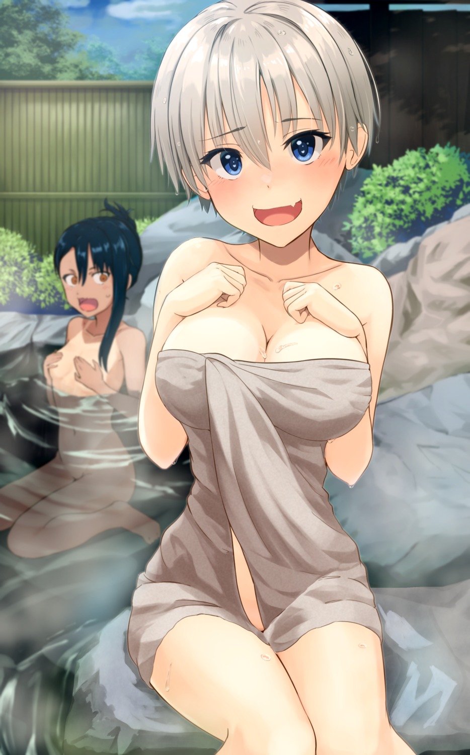 bathing breast_hold crossover ijiranaide_nagatoro-san k3rd nagatoro_hayase naked onsen tan_lines towel uzaki-chan_wa_asobi_tai! uzaki_hana wet