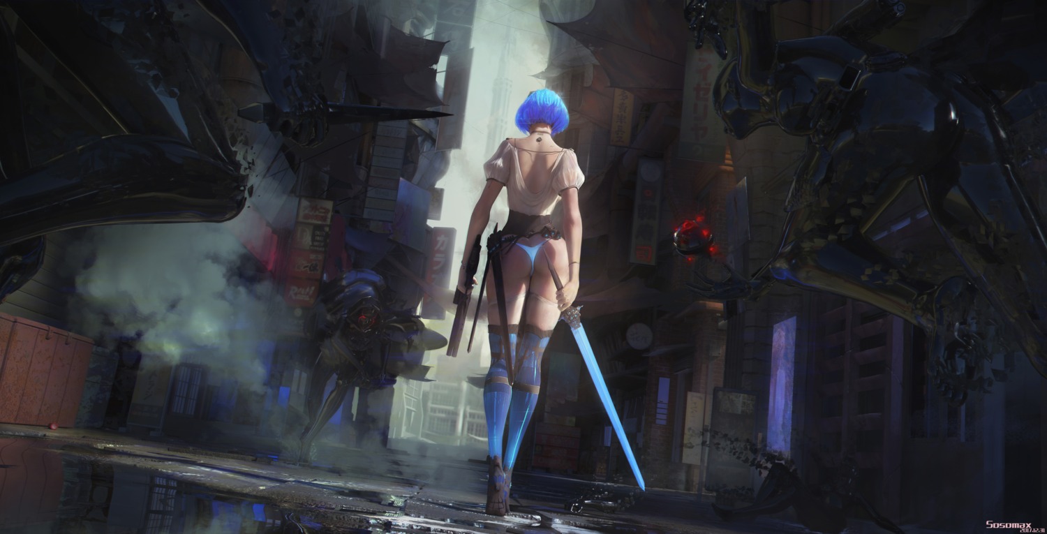 ass gun heels mecha_musume no_bra pantsu see_through sosomax sword thighhighs thong