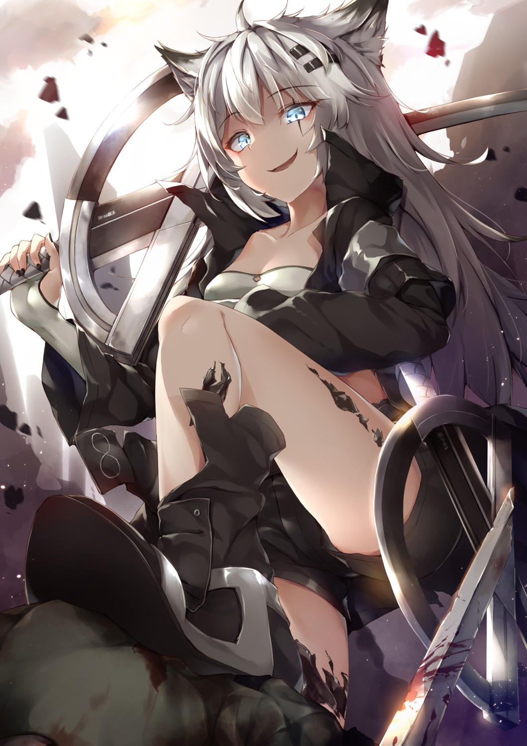 animal_ears arknights blood cleavage lappland_(arknights) sword yuki_kawachi