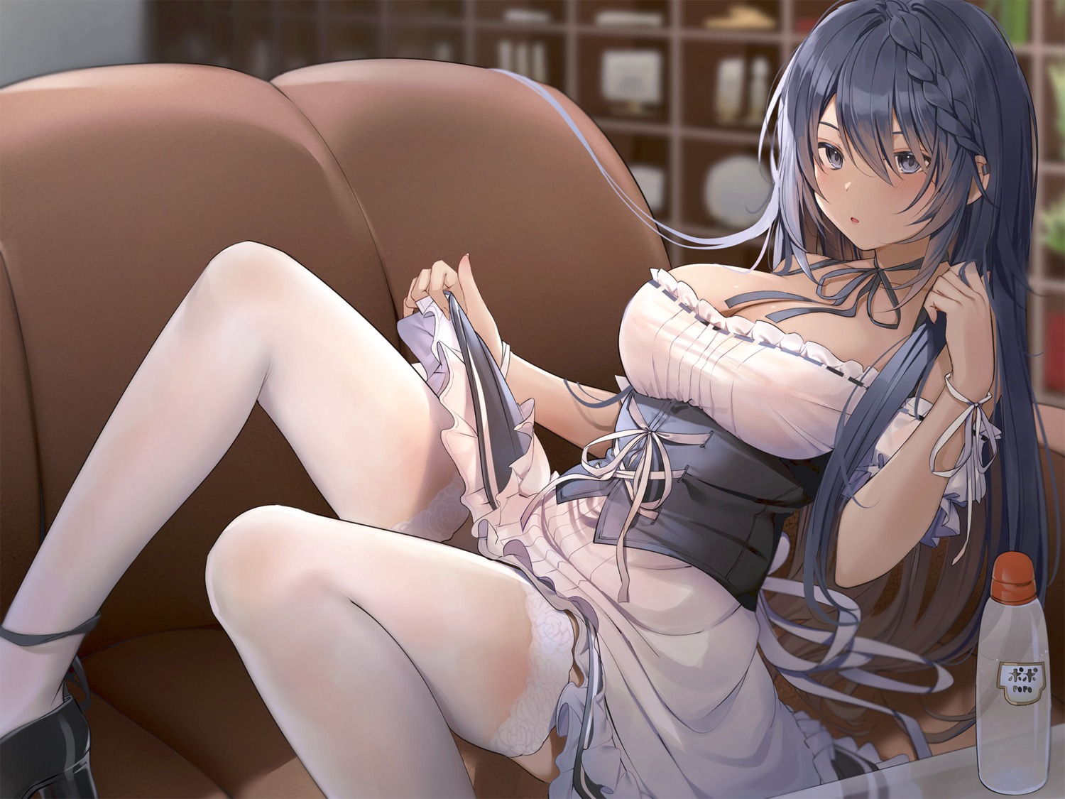 bousaba_lubricant cleavage maid no_bra pantsu panty_pull skirt_lift thighhighs xretakex