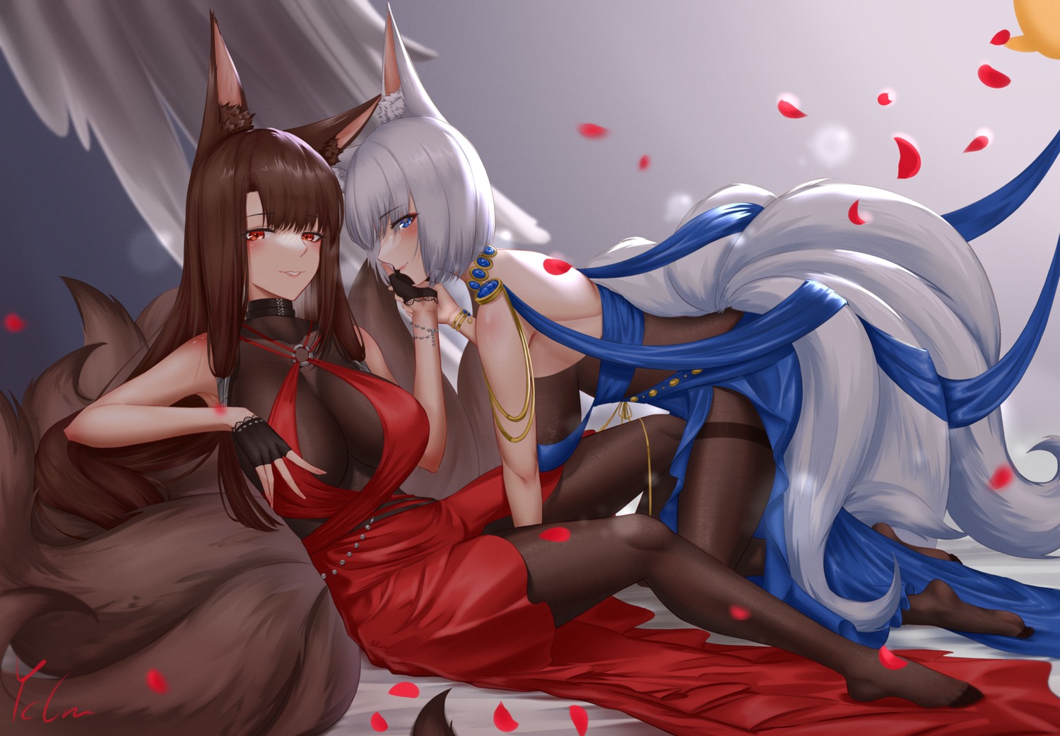 akagi_(azur_lane) animal_ears azur_lane bodysuit ichikushi_mojibake kaga_(azur_lane) kitsune no_bra tail