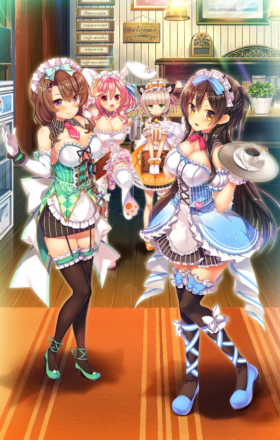 abnormal_lovers animal_ears asahina_seri ayuma_sayu bunny_ears cleavage garter heels kaburagi_yukana maid mayuzaki_yuu nekomimi onodera_akeno shimamiya_mimi stockings tail thighhighs tortesoft waitress