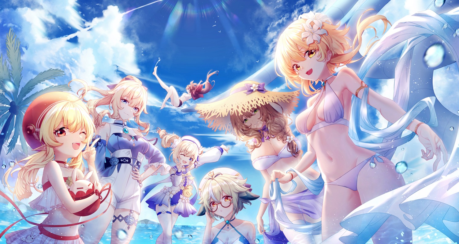 amber_(genshin_impact) animal_ears barbara_(genshin_impact) bikini garter genshin_impact jean_(genshin_impact) klee lisa_(genshin_impact) lumine megane pointy_ears see_through so_tsubasa sucrose swimsuits