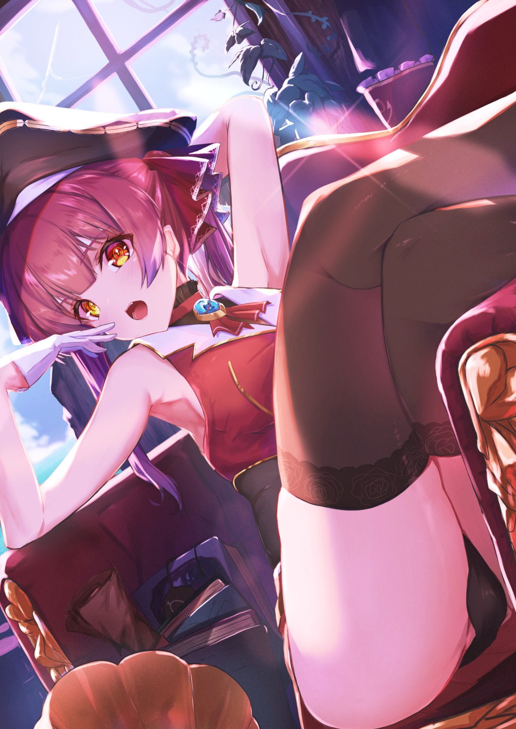 heterochromia hololive houshou_marine mikaku pantsu pirate skirt_lift thighhighs