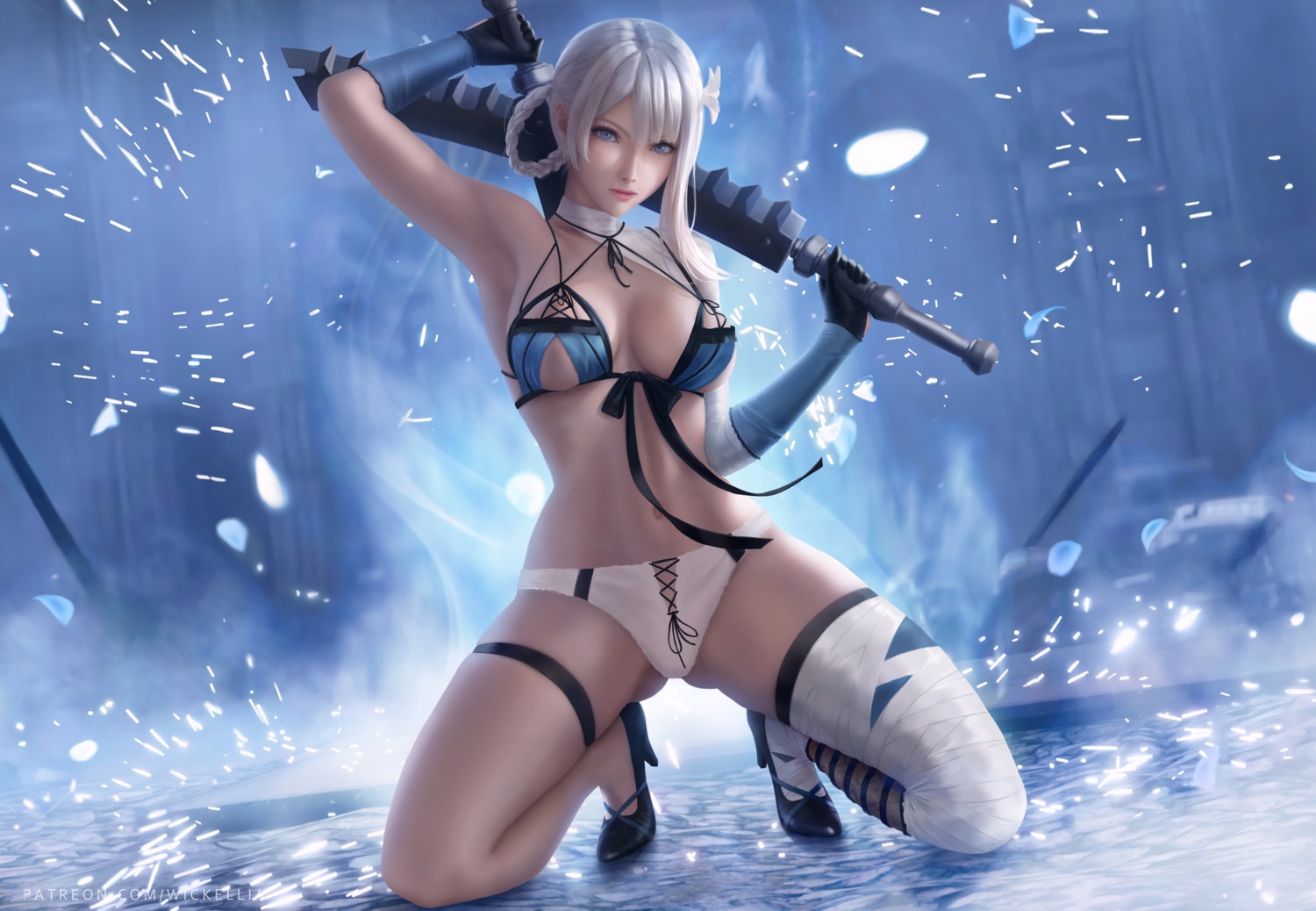 bandages bra garter heels kaine_(nier) nier nier_replicant pantsu sword thighhighs wickellia