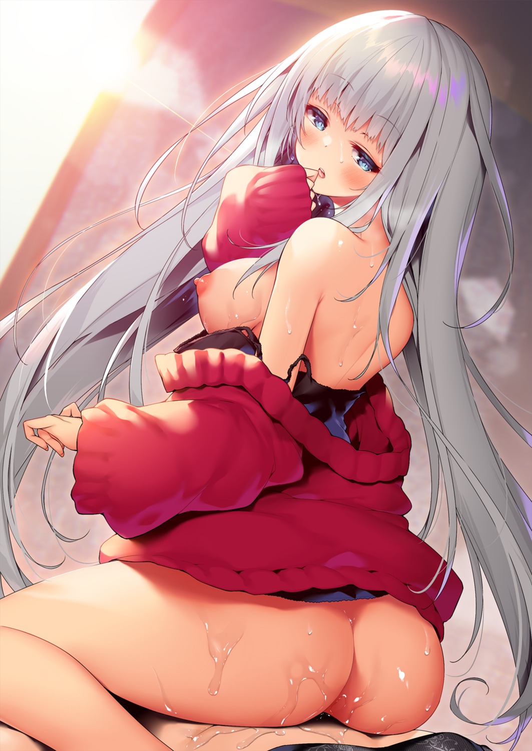 ass bottomless breast_hold breasts nipples no_bra open_shirt sakurame sweater wet