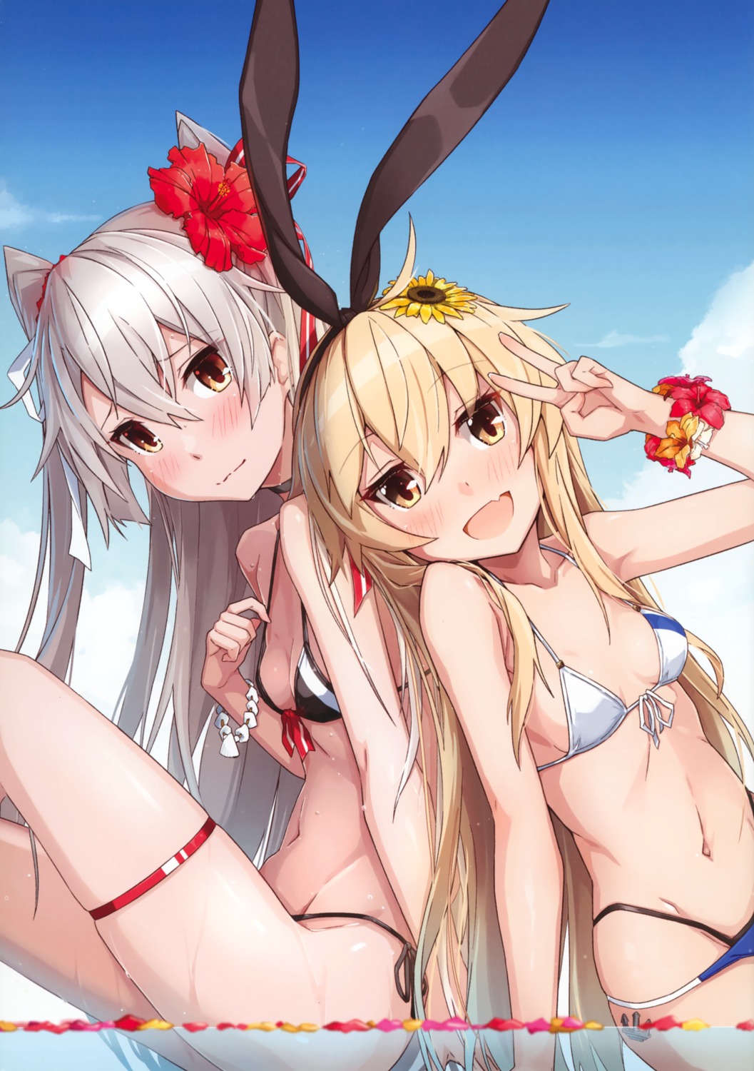 amatsukaze_(kancolle) bikini cleavage garter kantai_collection shimakaze_(kancolle) swimsuits takanashi_kei_(hitsujikan) wet