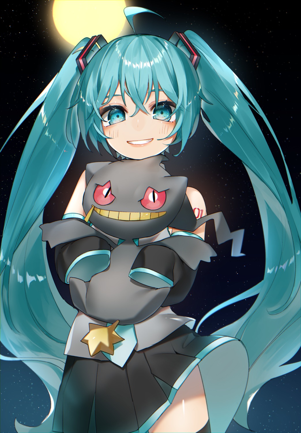 banette crossover hatsune_miku pokemon reirou_(chokoonnpu) skirt_lift tattoo thighhighs vocaloid