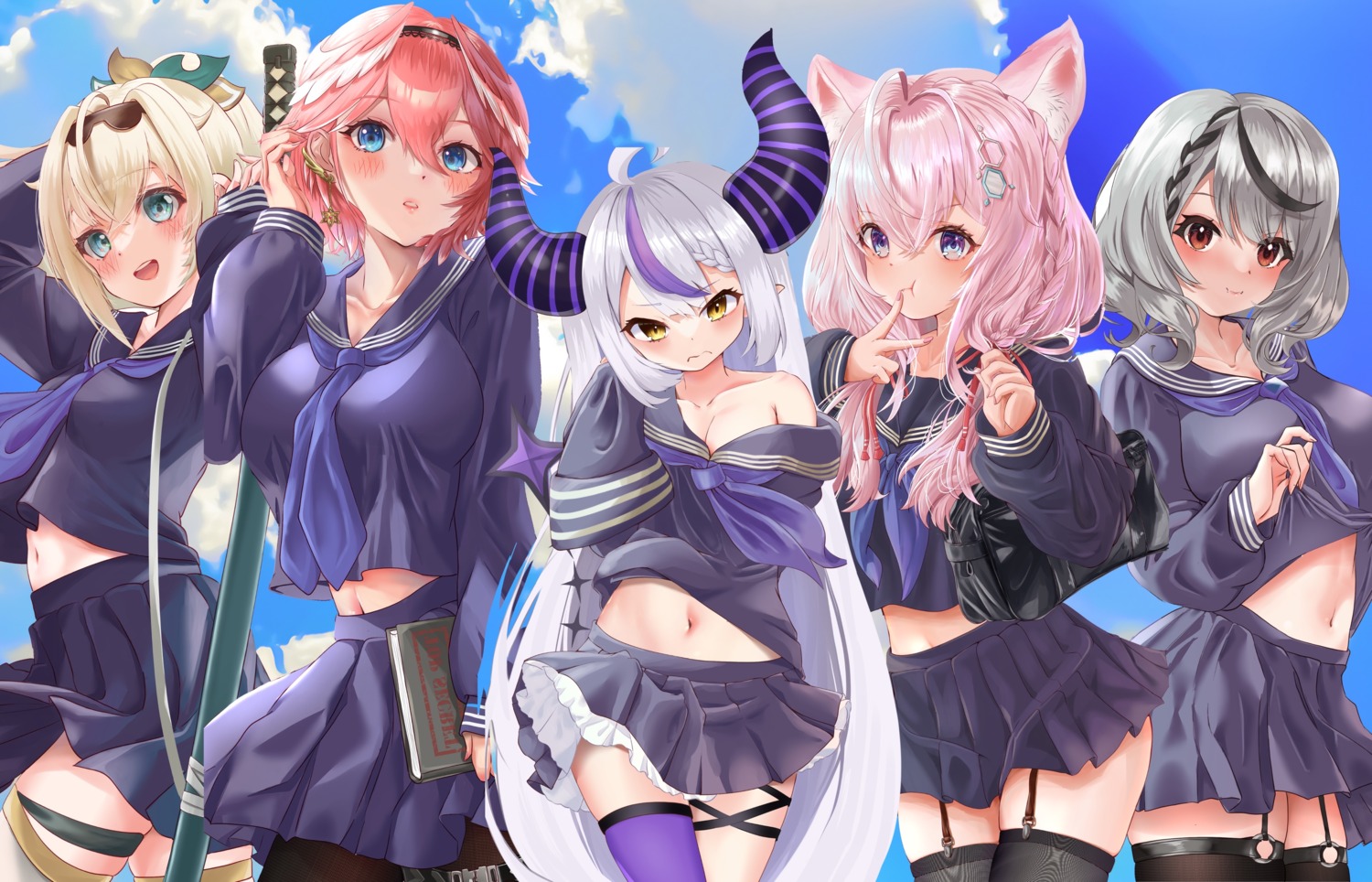 animal_ears cleavage devil garter garter_belt hakui_koyori hololive horns june6illust kazama_iroha la+_darknesss no_bra open_shirt pantyhose pointy_ears sakamata_chloe seifuku shirt_lift stockings sword takane_lui thighhighs undressing wings