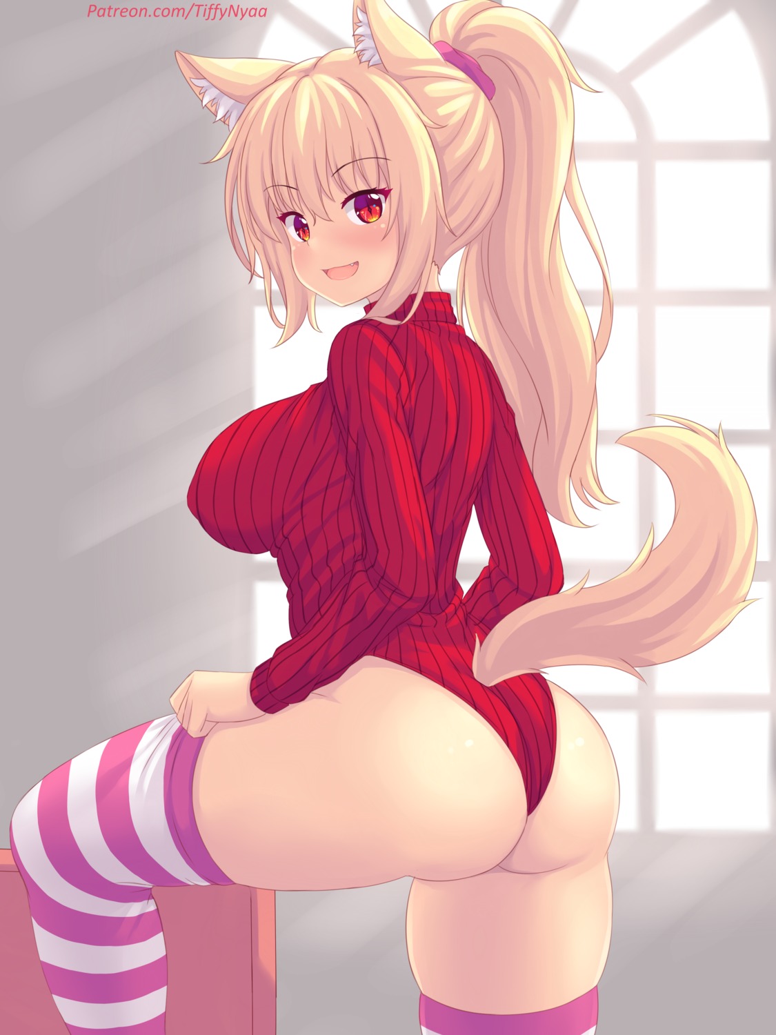 animal_ears ass erect_nipples fast-runner-2024 leotard sweater tail thighhighs tiffy